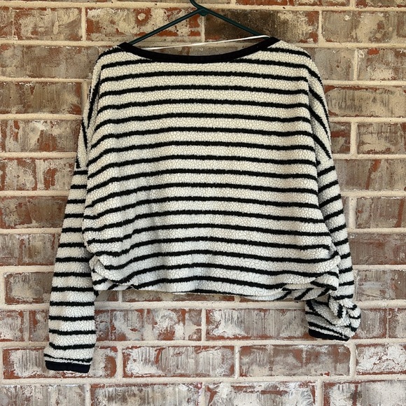 Free People Briton Black and White Striped Fuzzy Knit Cropped Sweater - Picture 8 of 9